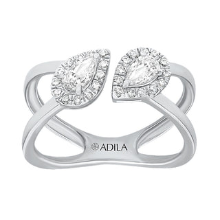 Two Stone Pear Shape Halo Crossover Ring with Moissanite Stone in 925 Sterling Silver - Adila