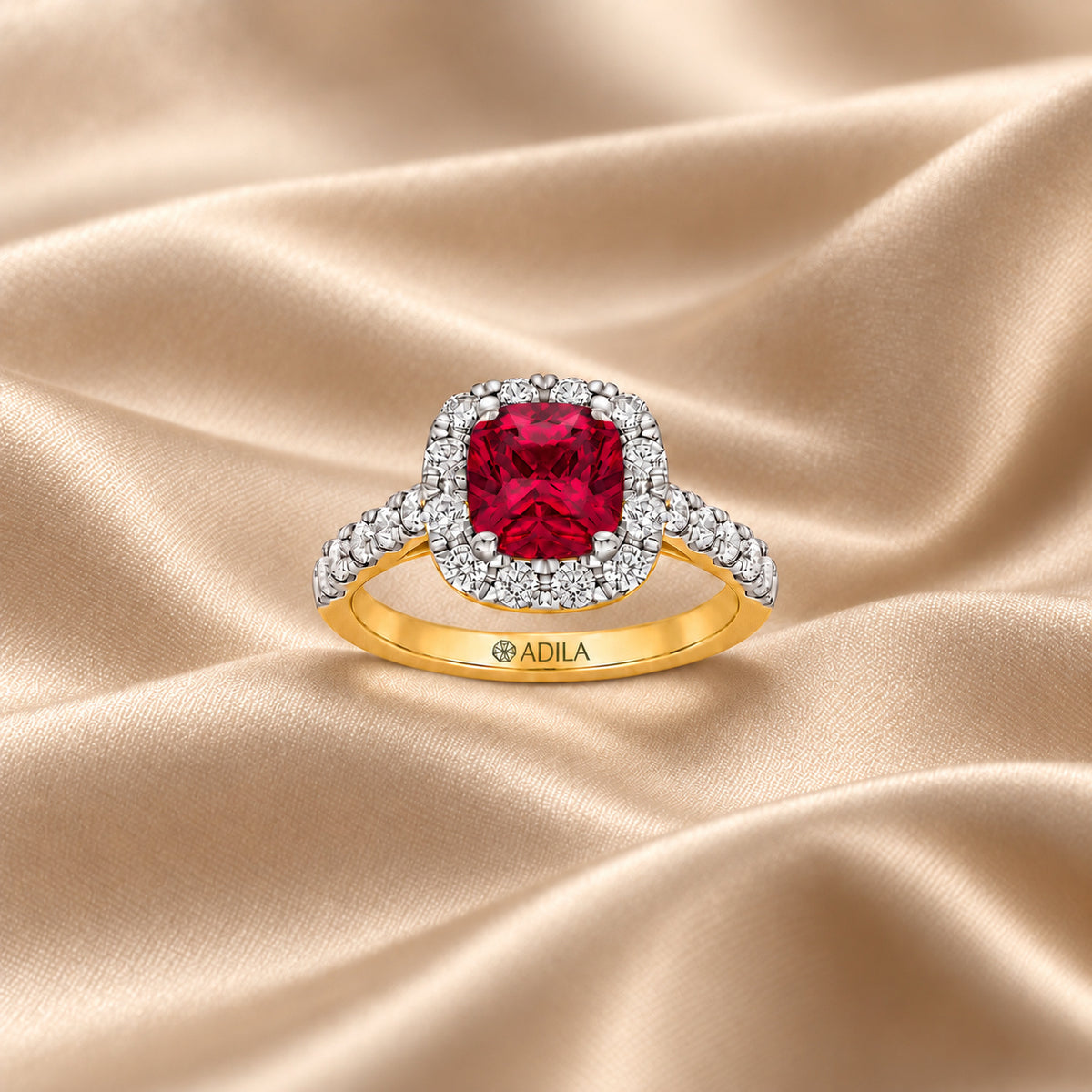 Ruhani Ruby Cushion Halo Moissanite Ring