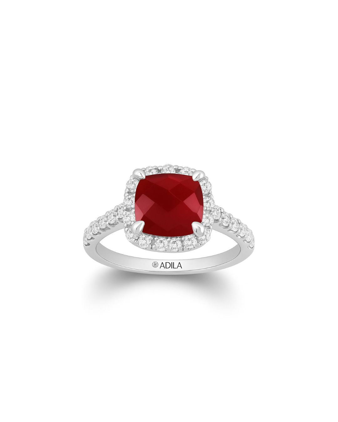 Ruhani Ruby Cushion Halo Moissanite Ring | Sterling Silver Jewelry | Adila Jewels