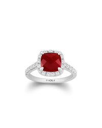 Ruhani Ruby Cushion Halo Moissanite Ring | Sterling Silver Jewelry | Adila Jewels