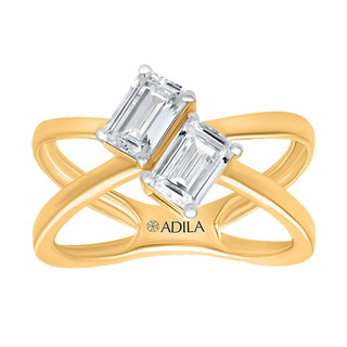 Two Stone Radiant Cut Crossover ring with Moissanite Stone in 925 Sterling Silver - Adila