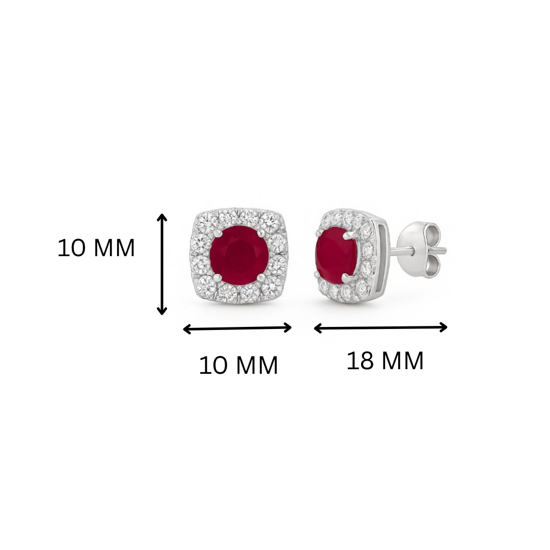 Red Velvet Pop Halo Moissanite & Lab Grown Ruby Stud Earrings | Elegant Silver Jewelry