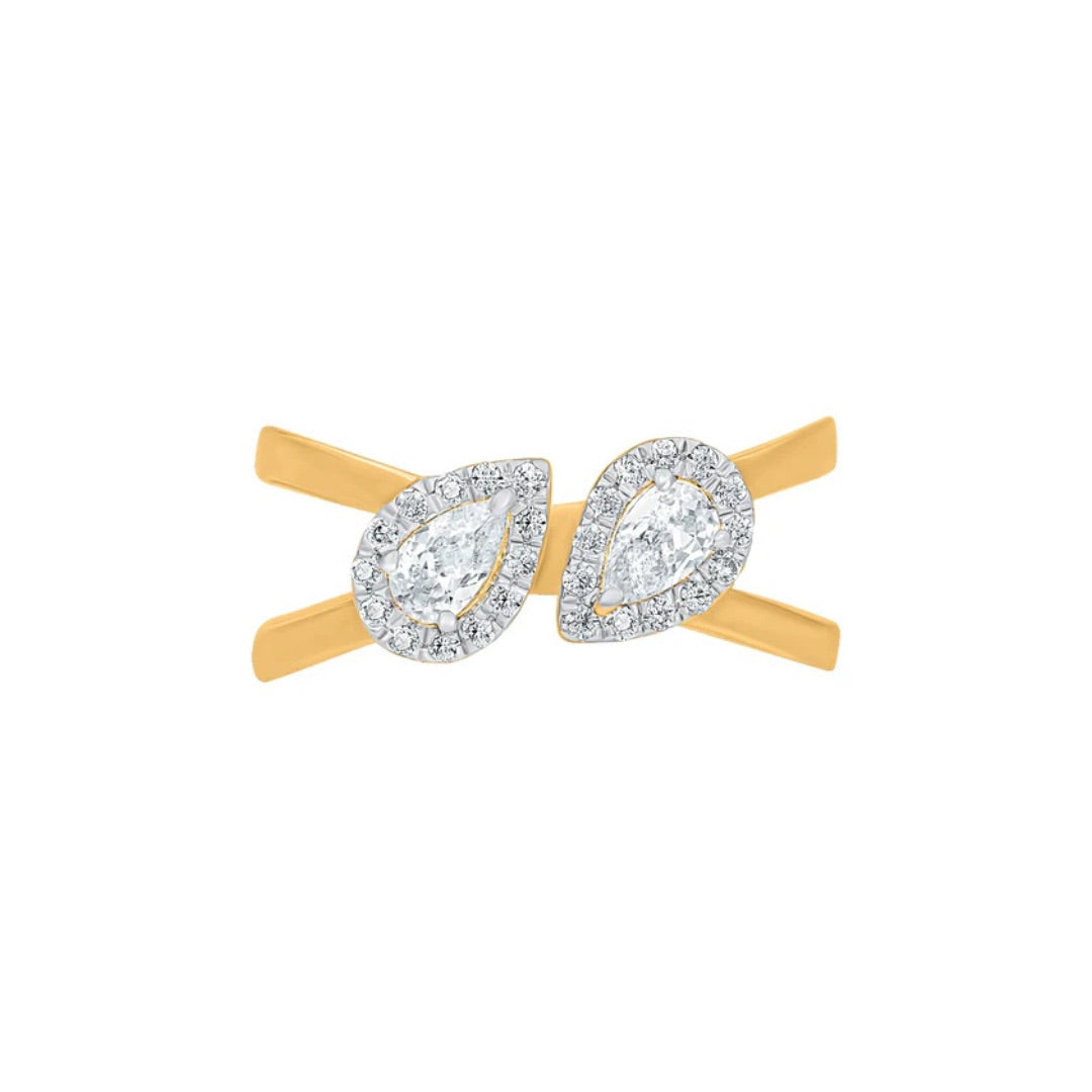 Two Stone Pear Shape Halo Crossover Moissanite Ring